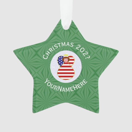 米国国旗のクリスマスレッドヘアエンジェル氏年星 オーナメント (正面)