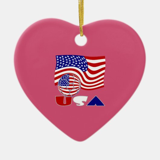 米国国旗のサッカーボール深い赤い背景ハート セラミックオーナメント (正面)