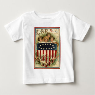 米国国旗のシールド子供の花 ベビーTシャツ