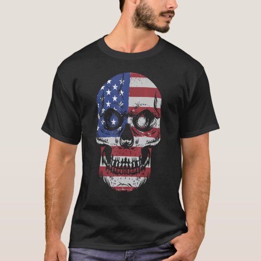 米国国旗のスカル7月4日アメリカ愛国心 Tシャツ (正面)