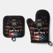 米国国旗のスカル 鍋つかみ&鍋敷きセット (正面)