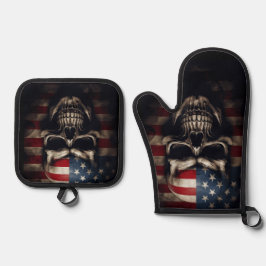 米国国旗のスカル 鍋つかみ&鍋敷きセット