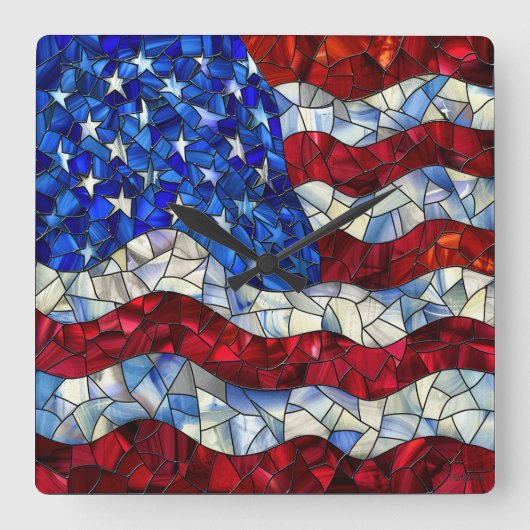 米国国旗のステンドグラスの壁時計 スクエア壁時計 (正面)