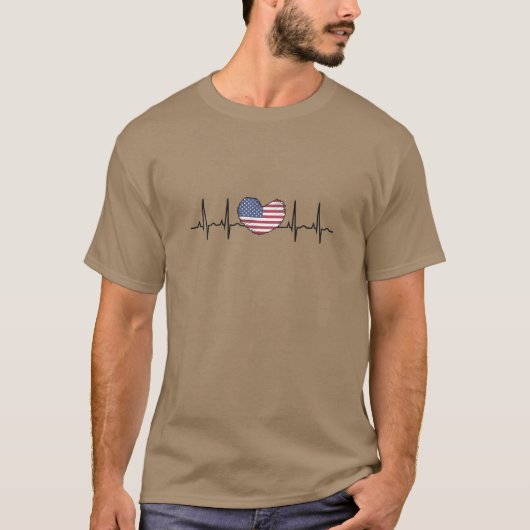 米国国旗のハートビートECG心電図検査 Tシャツ (正面)
