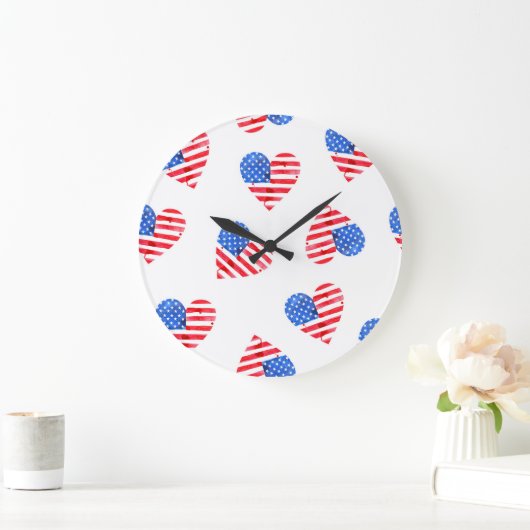 米国国旗のハート水色シームレス。 ラージ壁時計 (ホーム)
