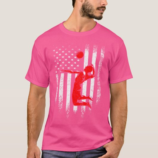 米国国旗のバレーボール選手チームスポーツおもしろい Tシャツ (正面)