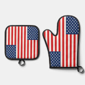 米国国旗のパターンBBQオーブンミットとポットホルダー 鍋つかみ&鍋敷きセット (正面)