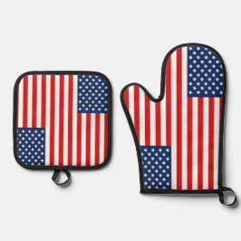 米国国旗のパターンBBQオーブンミットとポットホルダー 鍋つかみ&鍋敷きセット