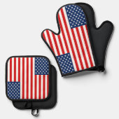 米国国旗のパターンBBQオーブンミットとポットホルダー 鍋つかみ&鍋敷きセット (正面/裏面)