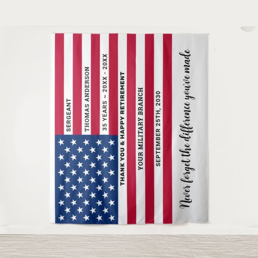 米国国旗のパーソナライズされた軍隊退職 タペストリー (正面)