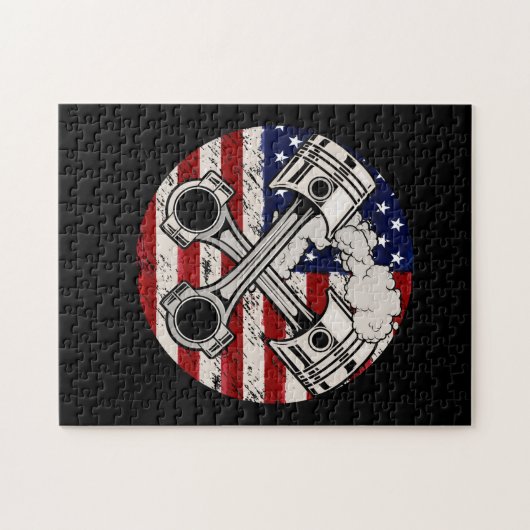 米国国旗のピストンマッスルカー愛国的ヴィンテージ ジグソーパズル (横)