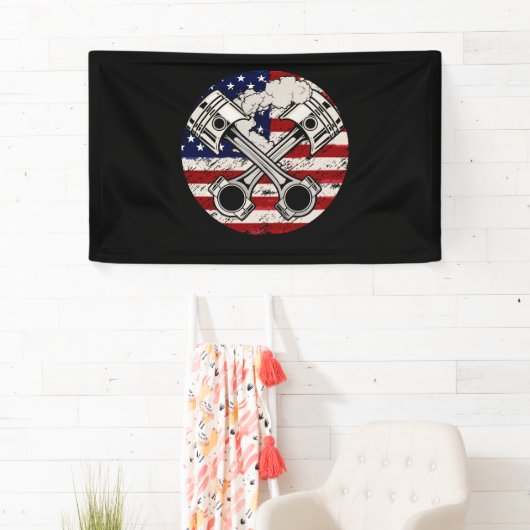 米国国旗のピストンマッスルカー愛国的ヴィンテージ 横断幕 (インサイチュ)