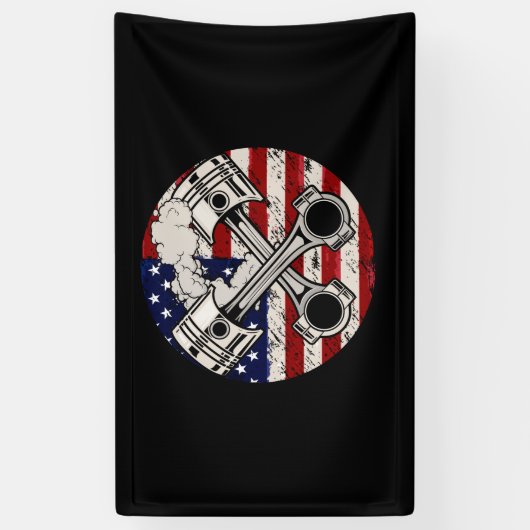 米国国旗のピストンマッスルカー愛国的ヴィンテージ 横断幕 (縦)