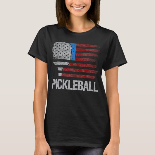 米国国旗のピックボール選手のパドルボール Tシャツ (正面)