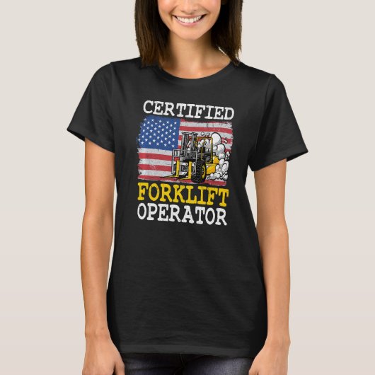 米国国旗のフォークリフト認定フォークリフトのオペレータ Tシャツ (正面)