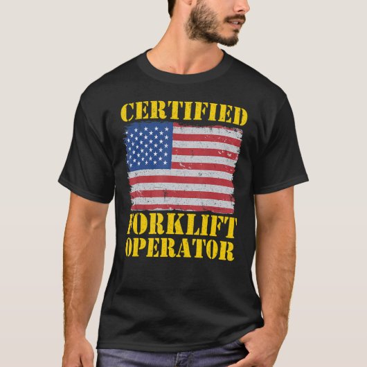 米国国旗のフォークリフト認定フォークリフトのオペレータ Tシャツ (正面)