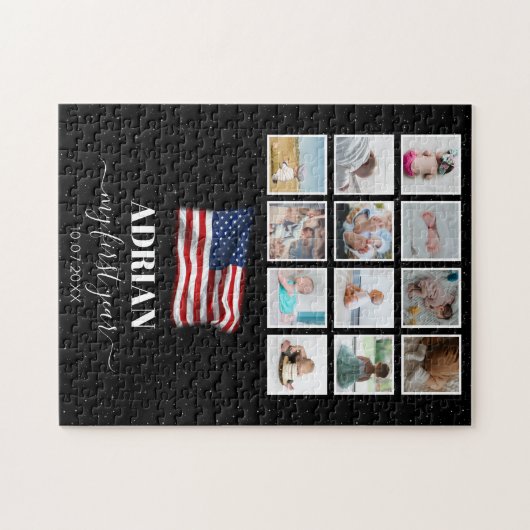 米国国旗のベビー一年目の写真コラージュ ジグソーパズル (横)