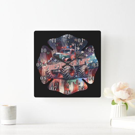 米国国旗のマルチーズクロス消防士ライフ スクエア壁時計 (ホーム)