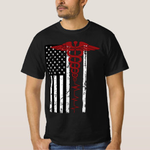 米国国旗のメディカルシンボル黒の愛国的なカドゥセウスN Tシャツ