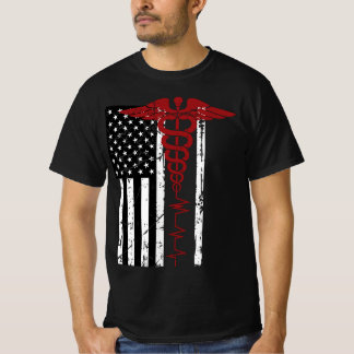 米国国旗のメディカルシンボル黒の愛国的なカドゥセウスN Tシャツ