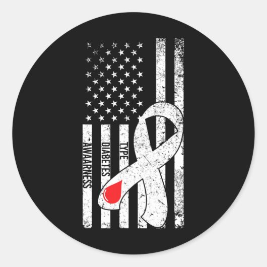 米国国旗のリボン1型糖尿病認識度糖尿病 ラウンドシール (正面)