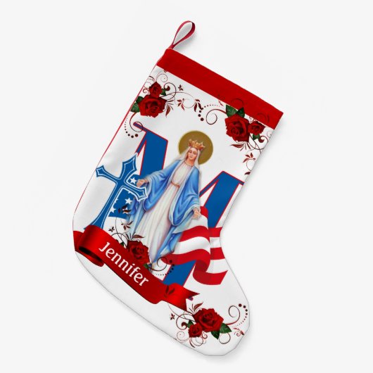 米国国旗のヴァージンメアリー宗教バラ スモールクリスマスストッキング (正面 (吊り時))