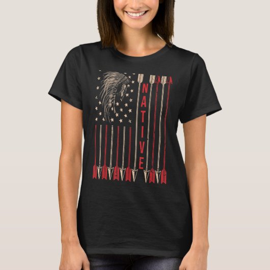 米国国旗の先住民アメリカンヘアドレインディアン血 Tシャツ (正面)