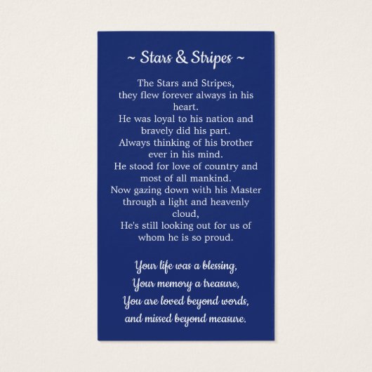 米国国旗の写真軍隊葬儀祈りの言葉カード (裏面)