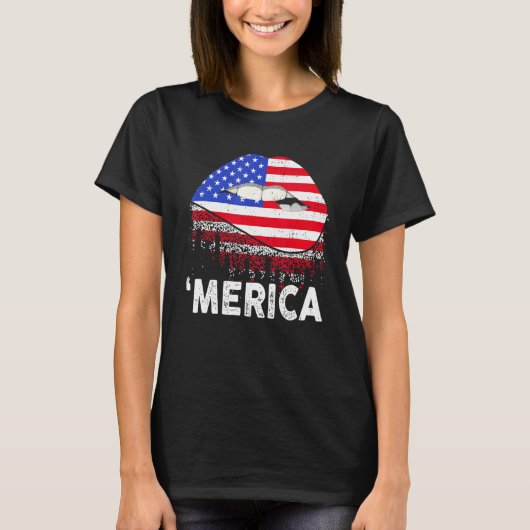 米国国旗の唇の独立記念日7月Pの4日 Tシャツ (正面)