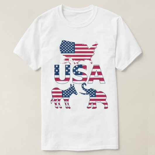 米国国旗の地図ロバ・ゾウの政治選挙 Tシャツ (デザイン正面)