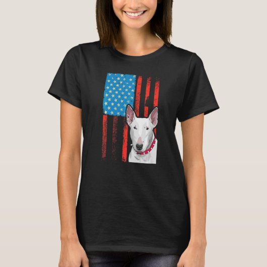米国国旗の愛国犬のブルテリア Tシャツ (正面)