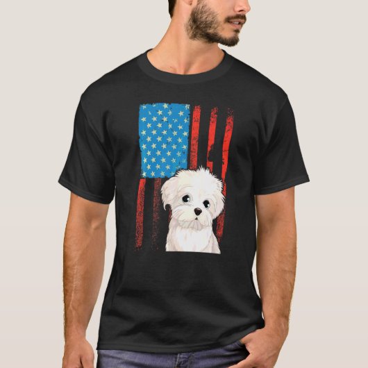 米国国旗の愛国犬ビシオンフリース Tシャツ (正面)