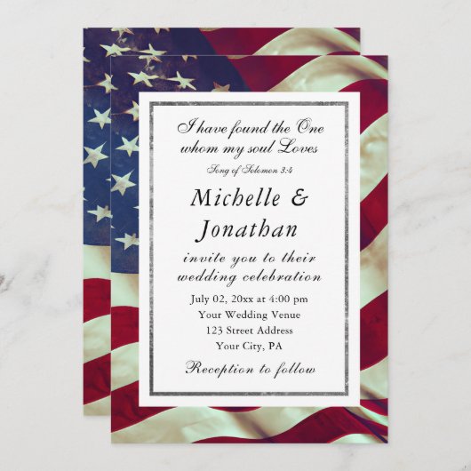 米国国旗の愛国的なキリスト教の聖書聖句結婚の 招待状 (正面/裏面)