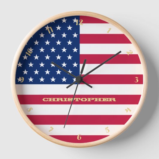 米国国旗の愛国的なホームオフィスDecor金ゴールドモノグラム 壁時計 (正面)
