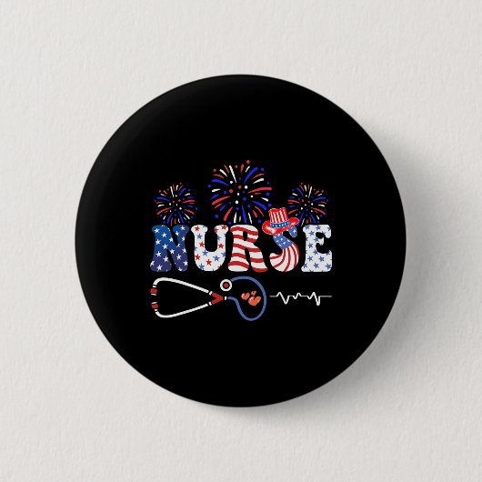 米国国旗の愛国的ナース聴診器4位 缶バッジ (正面)