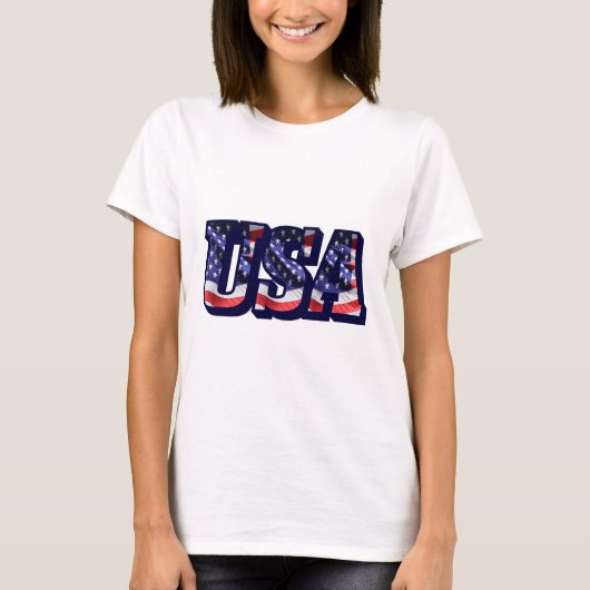 米国国旗の文字、アメリカ国旗の女性のライトティー Tシャツ (正面)