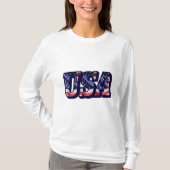 米国国旗の文字、旗の女性の長袖Tシャツ Tシャツ (正面)