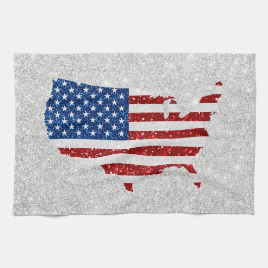 米国国旗の星・ストライプグリッター7月4日 キッチンタオル (横)