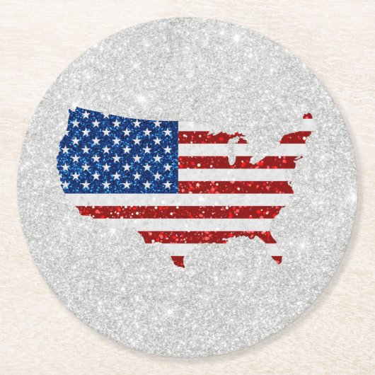 米国国旗の星・ストライプグリッター7月4日 ラウンドペーパーコースター (正面)