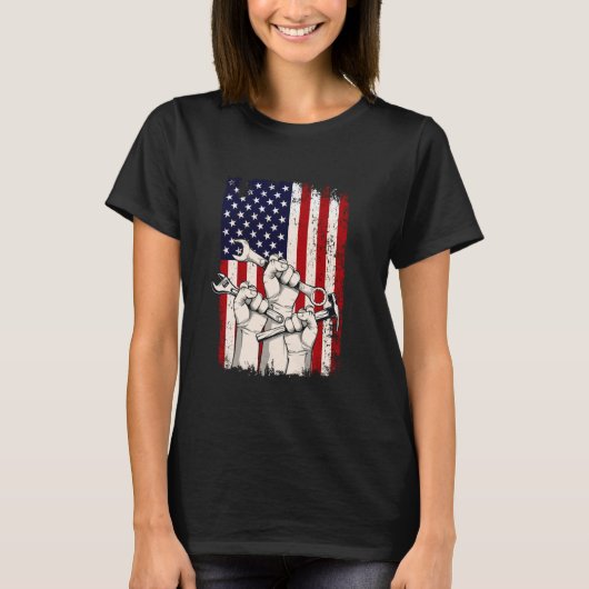 米国国旗の熟練労働者 – 労働日熟練組合W Tシャツ (正面)