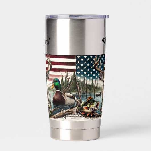 米国国旗の狩りと魚釣りをテーマ 保温保冷タンブラー (左面)
