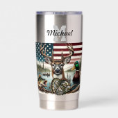 米国国旗の狩りと魚釣りをテーマ 保温保冷タンブラー (背面)