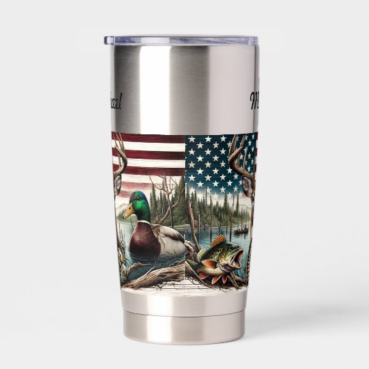 米国国旗の狩りと魚釣りをテーマ 保温保冷タンブラー (右面)