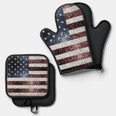 米国国旗の素朴なフェイク愛国心のきらきら光る輝き 鍋つかみ&鍋敷きセット (正面/裏面)