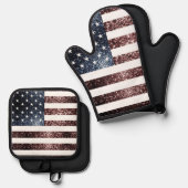 米国国旗の素朴な赤い青い光フェイク輝き愛国心 鍋つかみ&鍋敷きセット (正面/裏面)