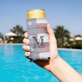 米国国旗の素朴赤白青ウッドモノグラム スリム缶クーラー