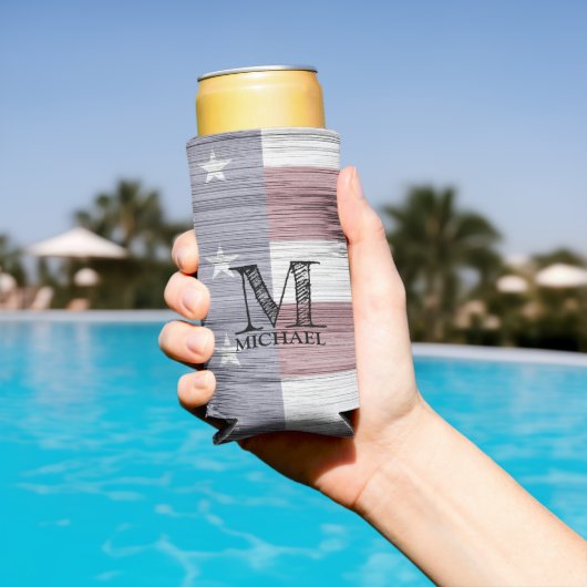 米国国旗の素朴赤白青ウッドモノグラム スリム缶クーラー (インサイチュ プール)