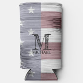 米国国旗の素朴赤白青ウッドモノグラム スリム缶クーラー (正面)