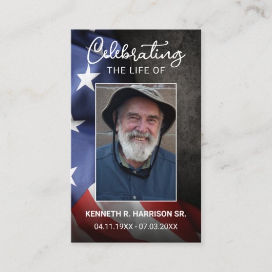 米国国旗の葬儀メモリアル祈りの言葉フォトカード 名刺 (正面)