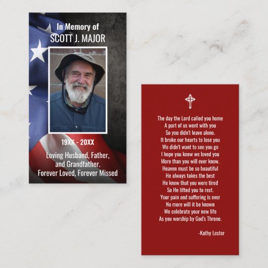米国国旗の葬儀メモリアル祈りの言葉フォトカード 名刺 (正面/裏面)